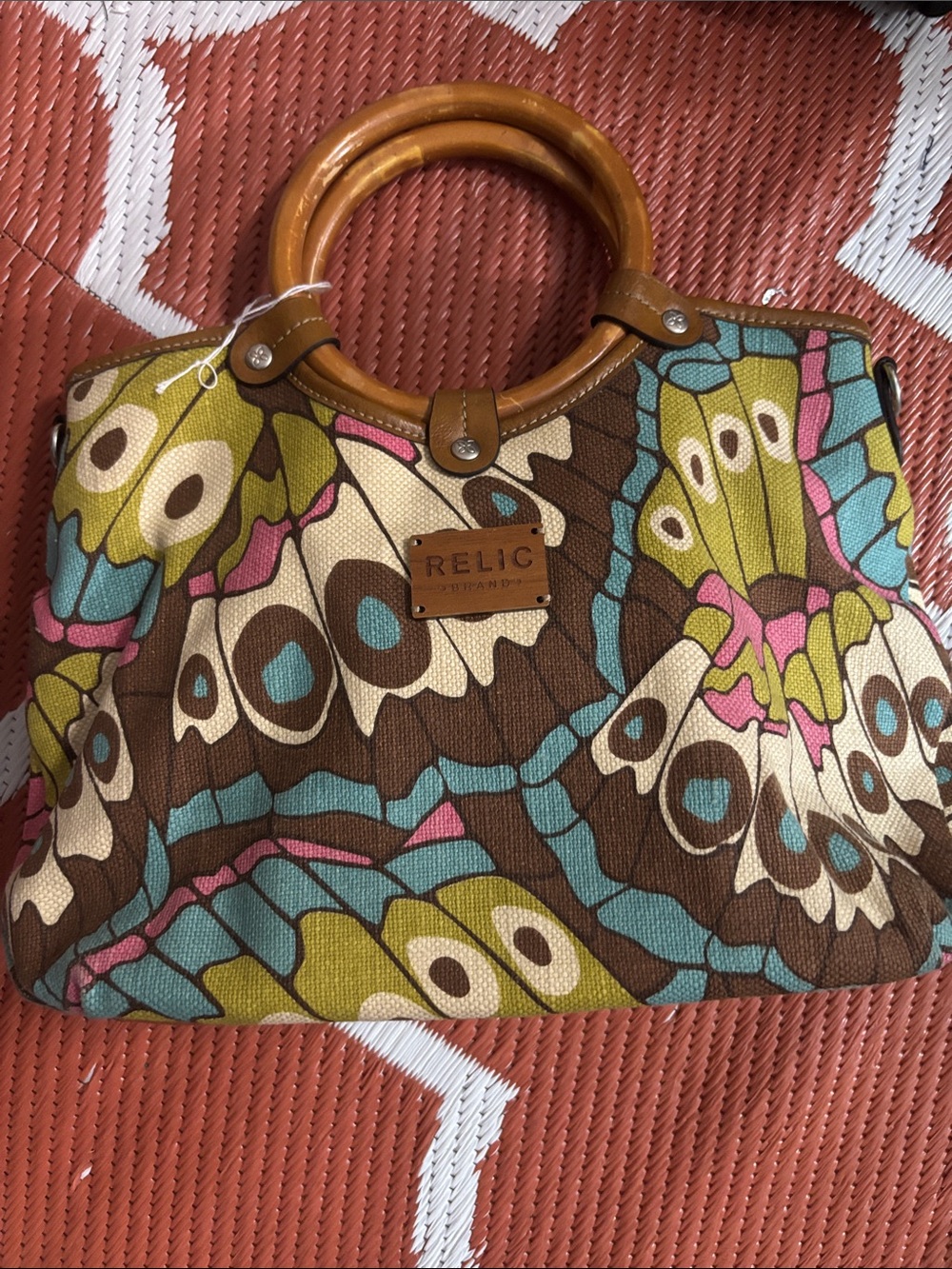 Vintage- Relic Multicolor Butterfly-Print Canvas Tote with Wood Handles-Boho